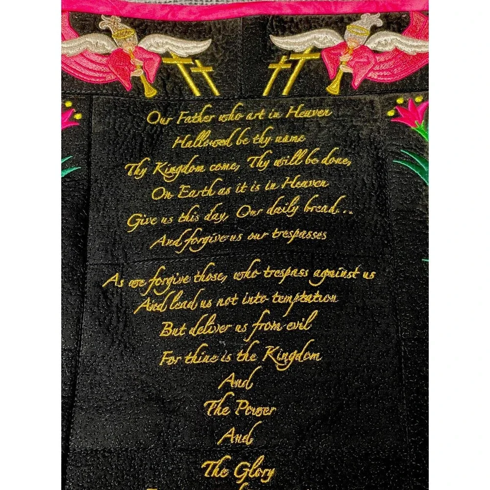 Handmade Lord’s Prayer Embroidered Quilt Wall Hanging Angels Floral 17x10